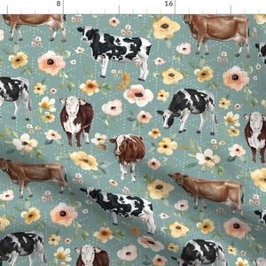Farmhouse Fabric - Farmhouse Blue Cows And Flowers Large By Cateandrainn - Shabby Chic Watercolor Cotton Fabric By The Yard With Spoonflower image 1