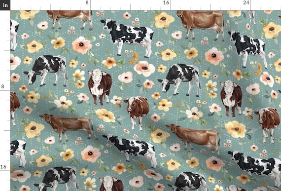 Farmhouse Fabric - Farmhouse Blue Cows And Flowers Large By Cateandrainn - Shabby Chic Watercolor Cotton Fabric By The Yard With Spoonflower