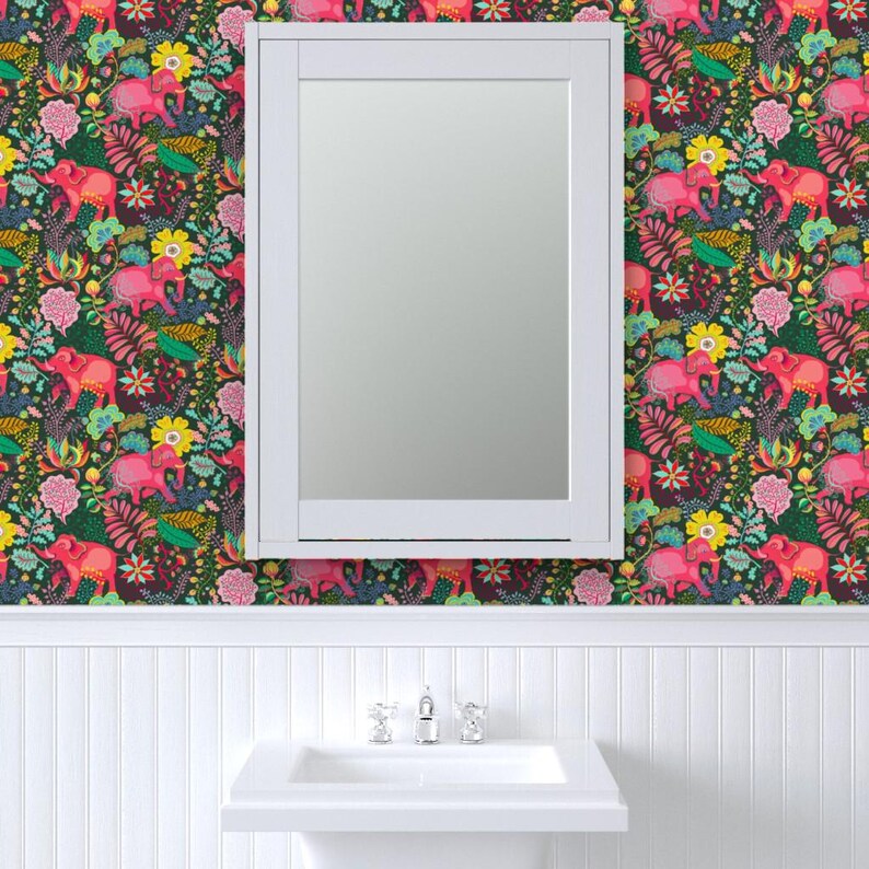 Jungle Wallpaper - Floral Jungle Elephant By Miraparadies - Bohemian Green Pink Summer Removable Self Adhesive Wallpaper Roll by Spoonflower image 8