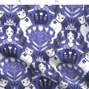 Queen Of Hearts Fabric - Purple Queen With Twin Cats By Miraparadies - Purple Wonderland Cards Cotton Fabric By The Yard With Spoonflower