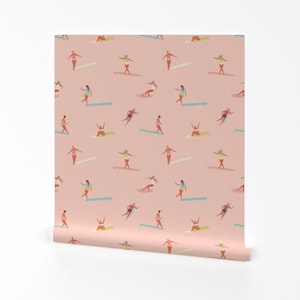Surf Wallpaper - Surf Sistas Peach Pink By Tasiania - Surf Peach Pink Custom Printed Removable Self Adhesive Wallpaper Roll by Spoonflower