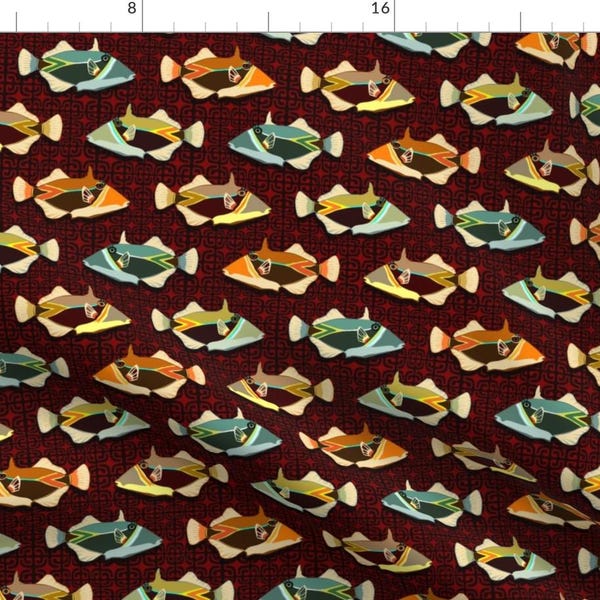 Hawaiian Fabric - Mid-Century Modern Humuhumu Fish Red By Madtropic Tropical Summer Retro Bright- Cotton Fabric By The Yard With Spoonflower