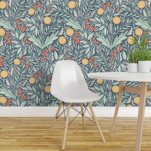 Modern Botanical Peel and Stick Wallpaper - Dandelions Yellow Orange Blue Rosehips - Removable Wall Decor Art - Astrid by amy_maccready