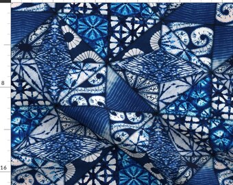 Shibori Blue Geometric Floral Pattern Fabric - Vintage Shibori Quilt By Digitallove - Shibori Cotton Fabric By The Yard With Spoonflower