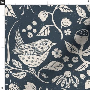 Woodland Botanical Fabric - Block Print Wren by Wildspiraldesigns ...
