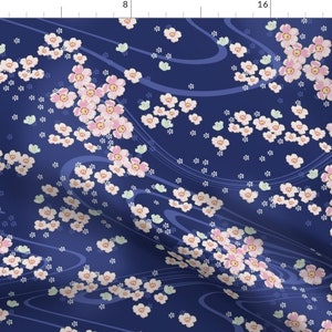 Cherry Blossoms Fabric - Sakiko By Lilyoake - Japanese Cherry Blossoms Floral Flowers Pink Blue Cotton Fabric By The Yard With Spoonflower