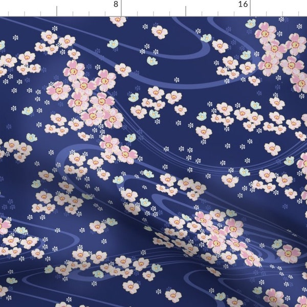 Cherry Blossoms Fabric - Sakiko By Lilyoake - Japanese Cherry Blossoms Floral Flowers Pink Blue Cotton Fabric By The Yard With Spoonflower