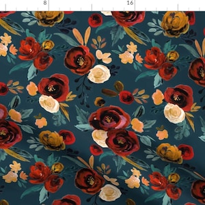Autumn Rose Fabric - Valentina Red Rose River Teal Blue By Crystal Walen - Floral Seasonal Decor Cotton Fabric By The Yard With Spoonflower