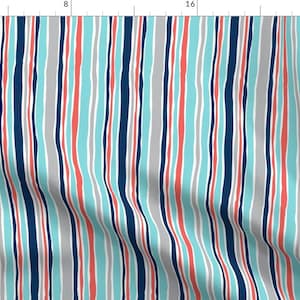 May include: A repeating pattern of vertical stripes in shades of blue, coral, gray, and white. The stripes are uneven in width and have a slightly textured appearance.
