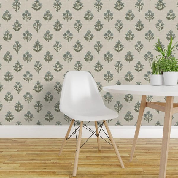 Block Print Peel and Stick Wallpaper - Neutral Floral Beige Blue Green Faux Indian - Removable Wall Decor Art - Mughal Flowers by chrissyink