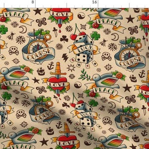 Tattoos Fabric - Old Tattoos, Good Wishes By Analinea - Tattoos Body Art Vintage Style Cotton Fabric By The Yard With Spoonflower