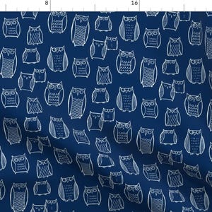 Blue Owl Fabric - "Little" Night Owl (Dark Blue) By Leanne - Owl Bird Woodland Blue White Drawing Cotton Fabric By The Yard With Spoonflower