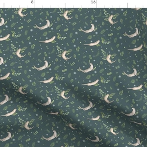 May include: A seamless pattern featuring white otters swimming in a dark teal blue background with green leaves and white stars.
