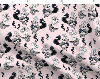 Mermaid Fabric - Pearla Mermaid- Pink- Medium By Miss Fluff - Mermaid Sea Horse Stars Pink Blue Cotton Fabric By The Yard With Spoonflower