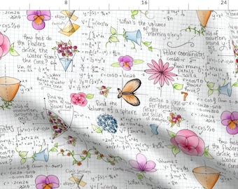 May include: A white background with a grid pattern and handwritten math equations and drawings of flowers, vases, and butterflies. The text includes the words "volume of a sphere", "polar coordinates", and "how fast do the flowers drink the water from the cone?"