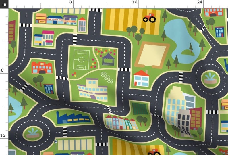 Green Fabric - Road Play Mat by seesawboomerang - Play Mat Roads Country City Roads Cut And Sew Town Map Fabric by the Yard by Spoonflower image 1