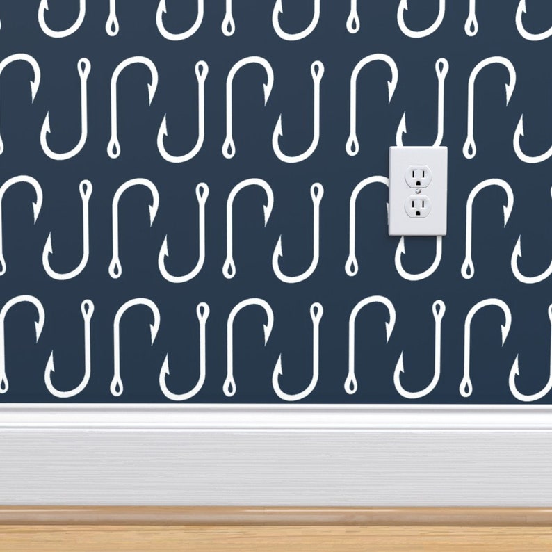 Fish Hooks Wallpaper Fish Hooks on Navy by Buckwoodsdesignco Etsy