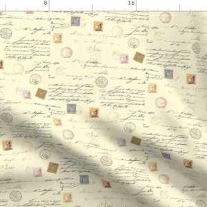 Vintage Postage Fabric - Paris Letter Post Card Stamp Hand Written Calligraphy Ink By Parisbebe - Cotton Fabric by the Yard with Spoonflower