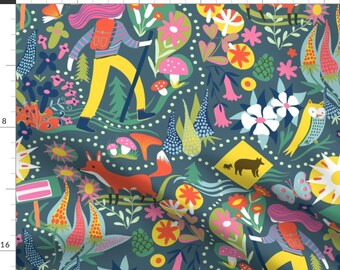 Fox Fabric - Floral Adventure Trail Hike By Miraparadies - Fox Colorful Kids Outdoors Animals Cotton Fabric By The Yard With Spoonflower