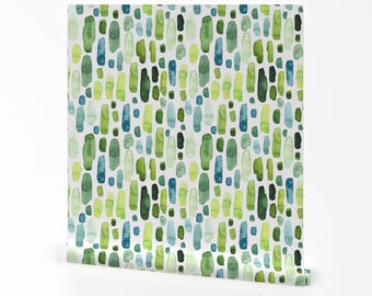 Green Removable Peel and Stick Wallpaper -  Stripe Teal Abstract Stripes - Wall Art Wall Decor - Green Watercolor Stripes by hipkiddesigns