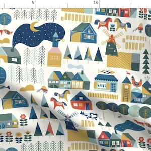 Scandinavian Village Windmill Fabric - Scandinavian Dream By Hala Kobrynska - Scandinavian Cotton Fabric By The Yard With Spoonflower