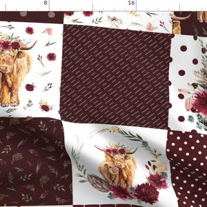 Highland Cow Burgandy Fabric - Maroon Floral Highland Cow Cheater Quilt - Squares By Karolina Papiez - Highland Cow Fabric With Spoonflower