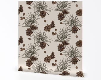 Papel pintado botánico invernal - Rama de abeto con piña de Milatoo - Rollo de papel pintado autoadhesivo extraíble con diseño de árbol marrón beige de Spoonflower