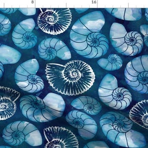 Watercolor Nautilus Fabric - Nautilus Fossils In Sapphire Blue By Adenaj - Watercolor Nautilus Cotton Fabric By The Yard With Spoonflower