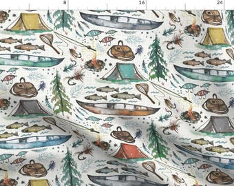 Watercolor Lake Camping Fabric - Lake House Fishing Motif By Kim Marshall Studio - Summer Rustic Cotton Fabric By The Yard With Spoonflower