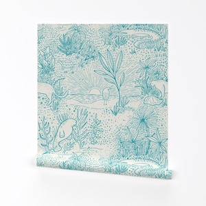 Carta da parati Florida - Everglades Toile - Ocean Blue di Scarlette Soleil - Rotolo di carta da parati autoadesiva rimovibile stampata personalizzata di Spoonflower