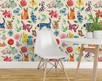 Whimsical Dogs Peel and Stick Wallpaper - Flower Garden Colorful Cute - Removable Wall Decor Art - Dogs Flower Garden by shop_dog_studio