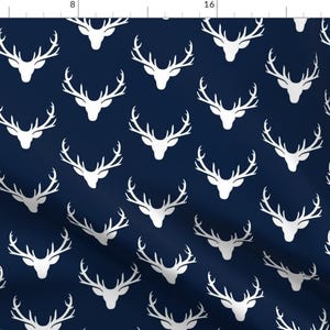 Blue Buck Antlers Fabric - Navy + White Deer Antlers Heads Silhouette – Woodland Baby Nursery Kids Children Baby Boy Bedding A By Gingerlous