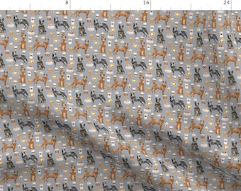 May include: A seamless pattern featuring a repeating design of Australian Cattle Dogs in various poses, holding coffee cups, and surrounded by hearts and coffee beans on a light gray background.