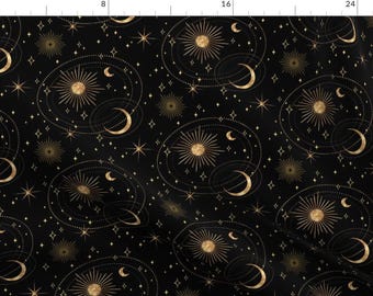 Night Sky Fabric - Celestial Midnight by pamelandia - Black Beige Sun Moon Stars Celestial Witch Occult Fabric by the Yard by Spoonflower