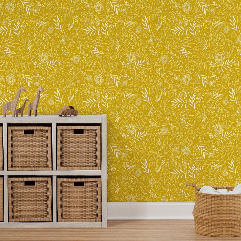 Floral Wallpaper Botanical Sketchbook Floral Yellow by - Etsy