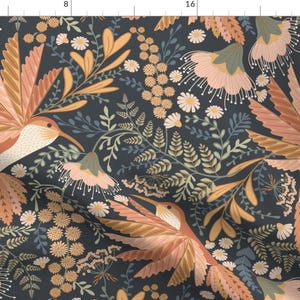 Hummingbirds Fabric - Colibri by garabateo - Coral Blue Green Botanical Colibri Bird Nature Floral Fabric by the Yard by Spoonflower