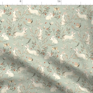 Spring Bunnies Fabric - Bunnies Dusky Green By Katherine Quinn - Bunny Rabbit Botanicals Spring Cotton Fabric By The Yard With Spoonflower