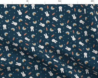 Dark Blue Easter Fabric - Bunnies, Rainbows, And Carrots Indigo Spring By Littlearrowdesign - Cotton Fabric by the Yard with Spoonflower