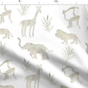 May include: A seamless pattern featuring white silhouettes of various animals, including a giraffe, elephant, lion, monkey, and palm leaves on a white background.