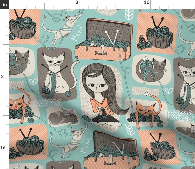 Knitting Cat Lady Fabric Cats Wool By Melarmstrongdesign | Etsy