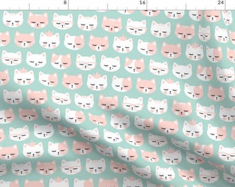 Cat Fabric - Cat Faces Pink & Dark Mint By Littlearrowdesign- Kittens Cats Princess Girl Nursery Cotton Fabric By The Yard With Spoonflower