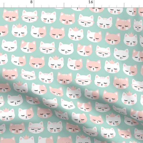 Cat Fabric - Cat Faces Pink & Dark Mint By Littlearrowdesign- Kittens Cats Princess Girl Nursery Cotton Fabric By The Yard With Spoonflower