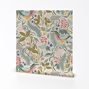 Nature Removable Peel and Stick Wallpaper - Wildlife Bird Botanical Wildflower  - Wall Art Wall Decor - Eno River On Cream  by katie_hayes