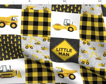 Construction Fabric - Little Man by littlearrowdesign - Patchwork Wholecloth Yellow Black Plaid Excavator Fabric by the Yard by Spoonflower