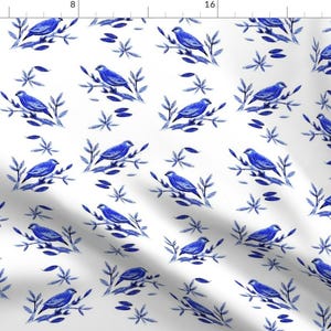 Delft Blue Birds Spring Fabric - Madagascar Weaver Blue White By Franbail - Delft Birds Cotton Fabric By The Yard With Spoonflower