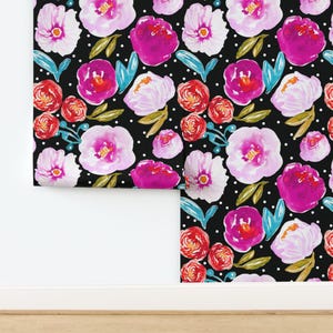 Large Scale Floral Fabric - Poppy Bloom Black By Indybloomdesign - Bright Pink Floral Removable Self Adhesive Wallpaper Roll by Spoonflower image 4