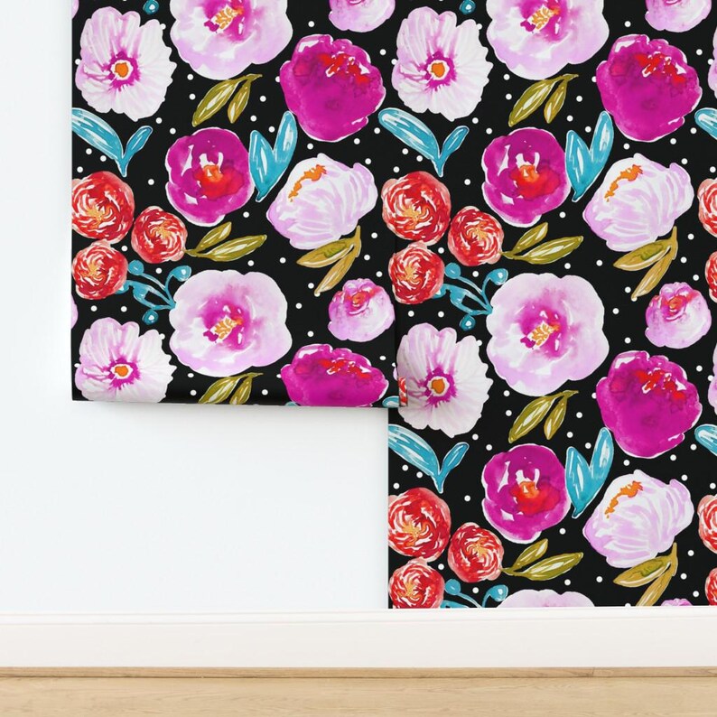 Large Scale Floral Fabric - Poppy Bloom Black By Indybloomdesign - Bright Pink Floral Removable Self Adhesive Wallpaper Roll by Spoonflower image 4