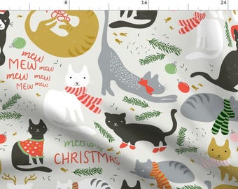 Christmas Cat Fabric - Meowy Christmas By Shelbyallison - Merry Christmas Holiday Cat Cotton Fabric By The Yard With Spoonflower