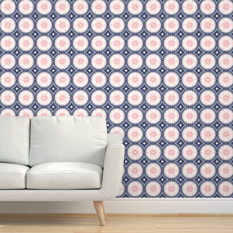 Navy And Pink Wallpaper Navy And Pink Medallion By Etsy Schweiz