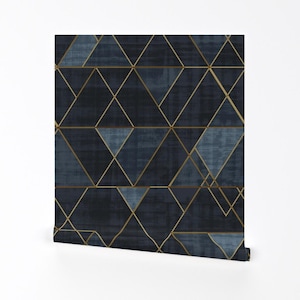 Geometric Removable Peel and Stick Wallpaper - Faux Gold Mid-century - Wall Art Wall Decor - Mod Triangles Gold Indigo by crystal_walen